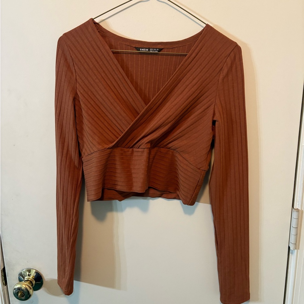 SHEIN Rust Ribbed V-Neck Blouse